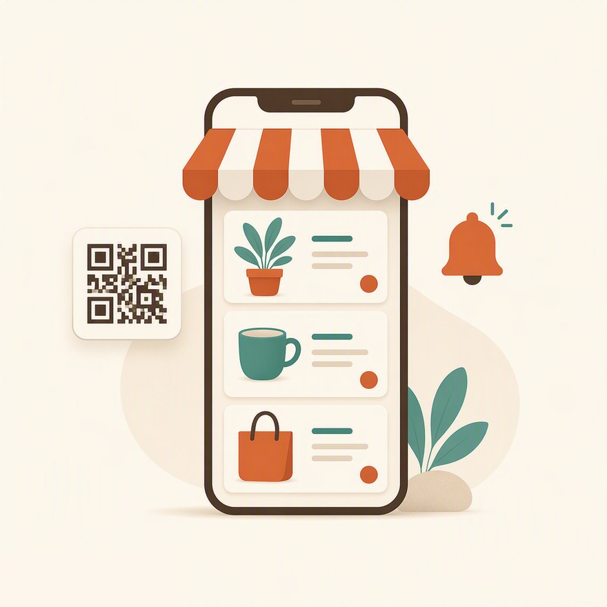 Ilustración de Vitrina Digital: teléfono con tienda y catálogo de productos